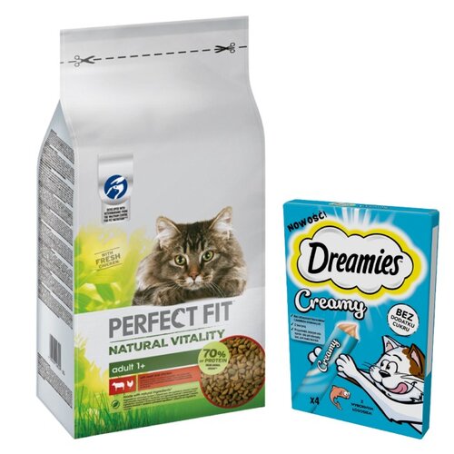 Karma dla kota PERFECT FIT Natural Vitality Wołowina z kurczakiem 6 kg + Przysmak dla kota DREAMIES Creamy Łosoś (4 x 10 g)