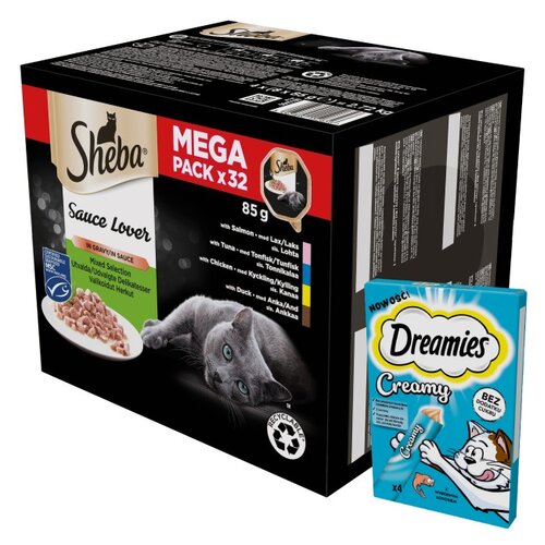 Karma dla kota SHEBA Sauce Lover Mix smaków (32 x 85 g) + Przysmak dla kota DREAMIES Creamy Łosoś (4 x 10 g)