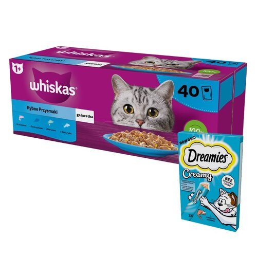 Karma dla kota WHISKAS Rybne Przysmaki (40 x 85 g) + Przysmak dla kota DREAMIES Creamy Łosoś (4 x 10 g)