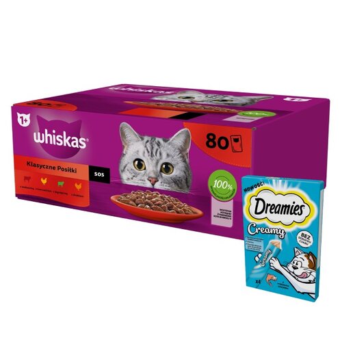 Karma dla kota WHISKAS Mix smaków (80 x 85 g) + Przysmak dla kota DREAMIES Creamy Łosoś (4 x 10 g)