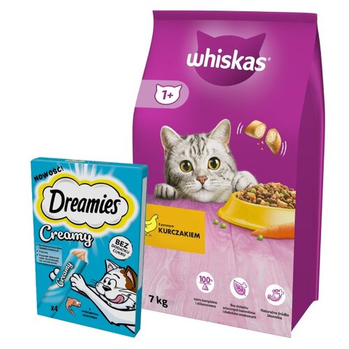 Karma dla kota WHISKAS Kurczak 7 kg + Przysmak dla kota DREAMIES Creamy Łosoś (4 x 10 g)