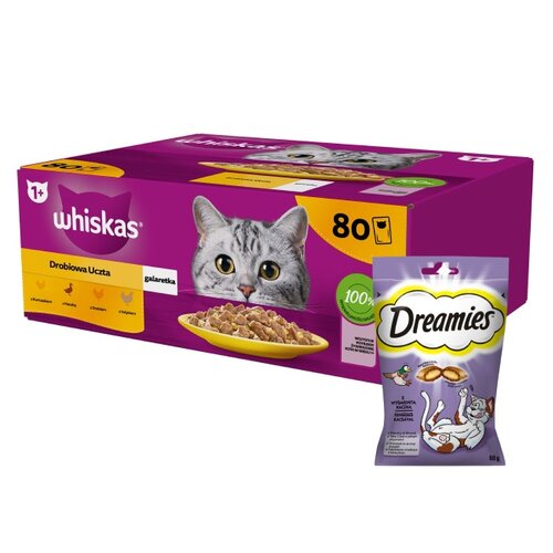 Karma dla kota WHISKAS Drobiowe smaki (80 x 85 g) + Przysmak dla kota DREAMIES Kaczka 60 g