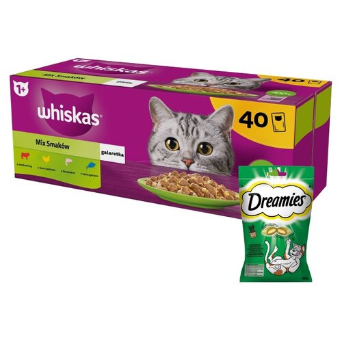 Karma dla kota WHISKAS Mix Smaków (40 x 85 g) + Przysmak dla kota DREAMIES z Nutą Kocimiętki 60 g