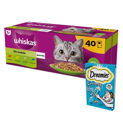 Karma dla kota WHISKAS Mix Smaków (40 x 85 g) + Przysmak dla kota DREAMIES Creamy Łosoś (4 x 10 g)