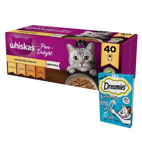 Karma dla kota WHISKAS Drobiowe smaki (40 x 85 g) + Przysmak dla kota DREAMIES Creamy Łosoś (4 x 10 g)