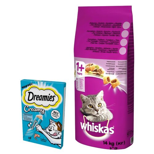 Karma dla kota WHISKAS Wołowina 14 kg + Przysmak dla kota DREAMIES Creamy Łosoś (4 x 10 g)