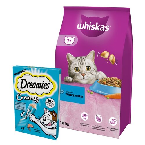 Karma dla kota WHISKAS Tuńczyk z warzywami 14 kg + Przysmak dla kota DREAMIES Creamy Łosoś (4 x 10 g)