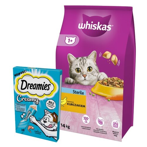 Karma dla kota WHISKAS Sterile Kurczak 14 kg + Przysmak dla kota DREAMIES Creamy Łosoś (4 x 10 g)