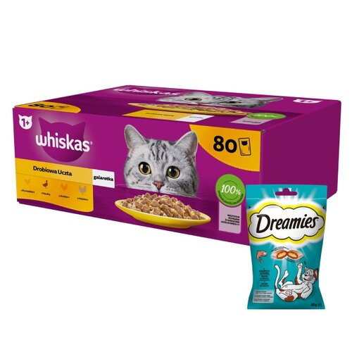 Karma dla kota WHISKAS Drobiowe smaki (80 x 85 g) + Przysmak dla kota DREAMIES Łosoś 60 g