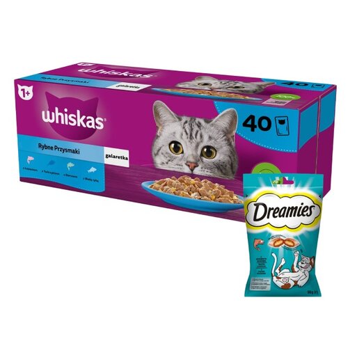Karma dla kota WHISKAS Rybne Przysmaki (40 x 85 g) + Przysmak dla kota DREAMIES Łosoś 60 g