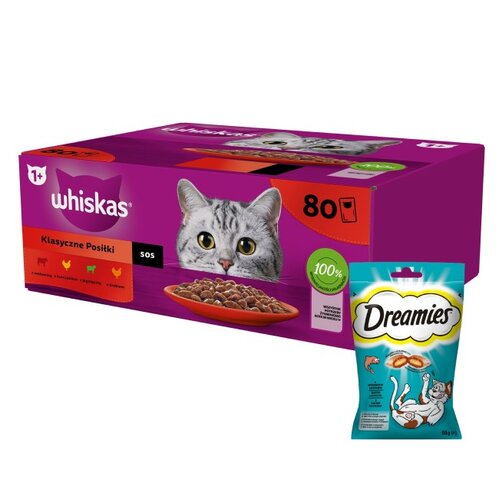 Karma dla kota WHISKAS Mix smaków (80 x 85 g) + Przysmak dla kota DREAMIES Łosoś 60 g