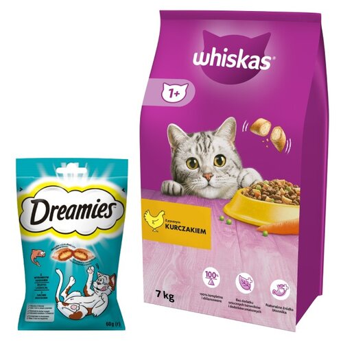 Karma dla kota WHISKAS Kurczak 7 kg + Przysmak dla kota DREAMIES Łosoś 60 g