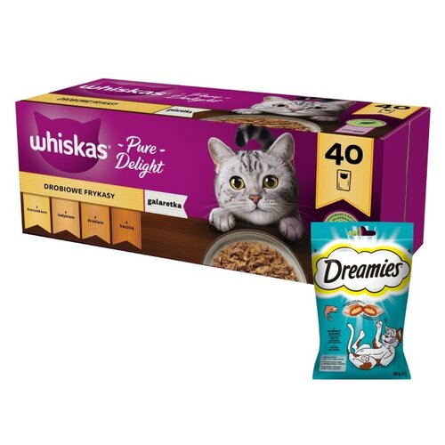 Karma dla kota WHISKAS Drobiowe smaki (40 x 85 g) + Przysmak dla kota DREAMIES Łosoś 60 g