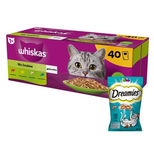 Karma dla kota WHISKAS Mix Smaków (40 x 85 g) + Przysmak dla kota DREAMIES Łosoś 60 g