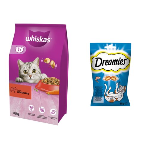 Karma dla kota WHISKAS Wołowina 14 kg + Przysmak dla kota DREAMIES Łosoś 60 g