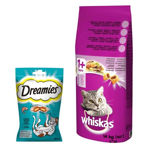 Karma dla kota WHISKAS Wołowina 14 kg + Przysmak dla kota DREAMIES Łosoś 60 g