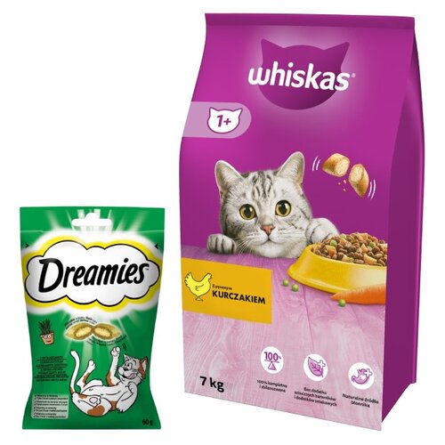 Karma dla kota WHISKAS Kurczak 7 kg + Przysmak dla kota DREAMIES z Nutą Kocimiętki 60 g
