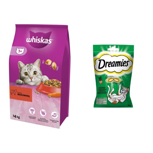 Karma dla kota WHISKAS Wołowina 14 kg + Przysmak dla kota DREAMIES z Nutą Kocimiętki 60 g