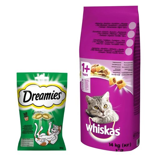Karma dla kota WHISKAS Wołowina 14 kg + Przysmak dla kota DREAMIES z Nutą Kocimiętki 60 g