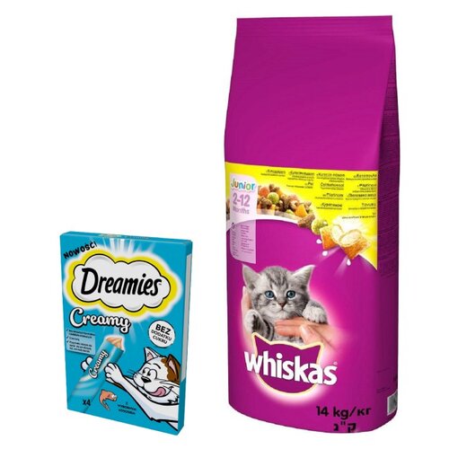 Karma dla kota WHISKAS Junior Kurczak 14 kg + Przysmak dla kota DREAMIES Creamy Łosoś (4 x 10 g)