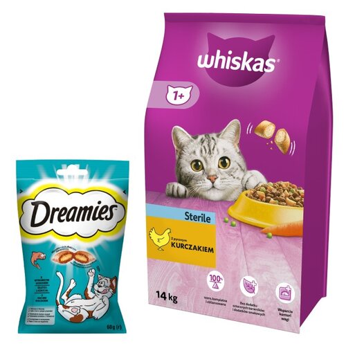 Karma dla kota WHISKAS Sterile Kurczak 14 kg + Przysmak dla kota DREAMIES Łosoś 60 g