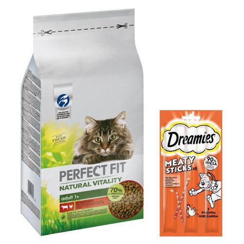 Karma dla kota PERFECT FIT Natural Vitality Wołowina z kurczakiem 6 kg + Przysmak dla kota DREAMIES Meaty Sticks Kurczak 30 g