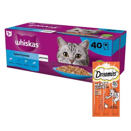 Karma dla kota WHISKAS Rybne Przysmaki (40 x 85 g) + Przysmak dla kota DREAMIES Meaty Sticks Kurczak 30 g