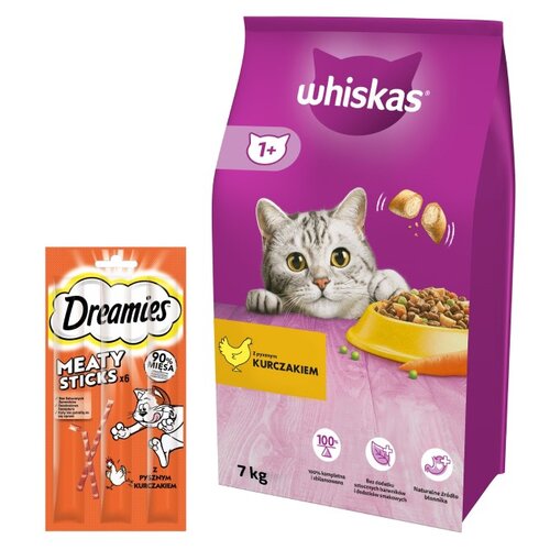 Karma dla kota WHISKAS Kurczak 7 kg + Przysmak dla kota DREAMIES Meaty Sticks Kurczak 30 g