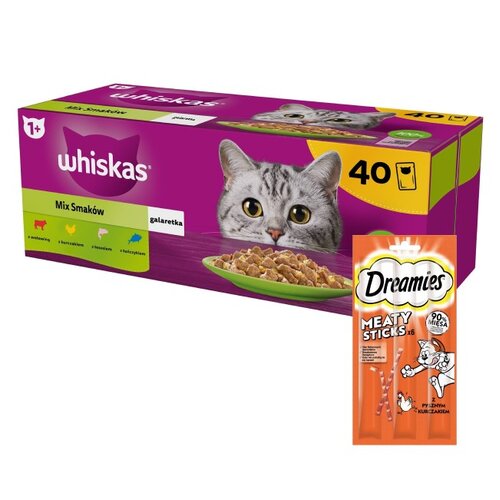 Karma dla kota WHISKAS Mix Smaków (40 x 85 g) + Przysmak dla kota DREAMIES Meaty Sticks Kurczak 30 g