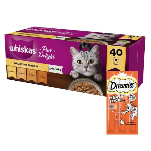 Karma dla kota WHISKAS Drobiowe smaki (40 x 85 g) + Przysmak dla kota DREAMIES Meaty Sticks Kurczak 30 g