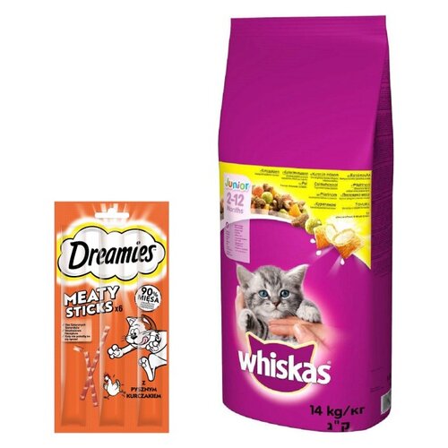 Karma dla kota WHISKAS Junior Kurczak 14 kg + Przysmak dla kota DREAMIES Meaty Sticks Kurczak 30 g