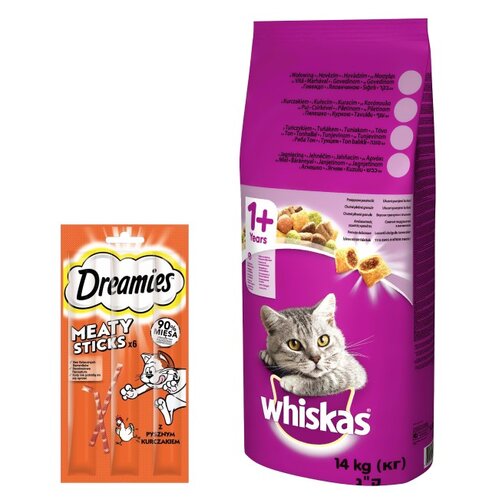 Karma dla kota WHISKAS Wołowina 14 kg + Przysmak dla kota DREAMIES Meaty Sticks Kurczak 30 g
