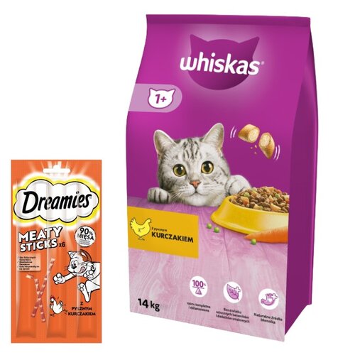 Karma dla kota WHISKAS Kurczak 14 kg + Przysmak dla kota DREAMIES Meaty Sticks Kurczak 30 g