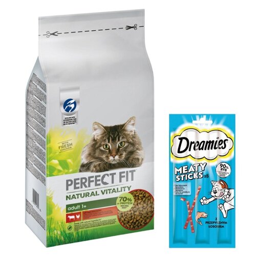 Karma dla kota PERFECT FIT Natural Vitality Wołowina z kurczakiem 6 kg + Przysmak dla kota DREAMIES Meaty Sticks z Łososiem 30 g