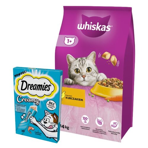 Karma dla kota WHISKAS Kurczak 14 kg + Przysmak dla kota DREAMIES Creamy Łosoś (4 x 10 g)