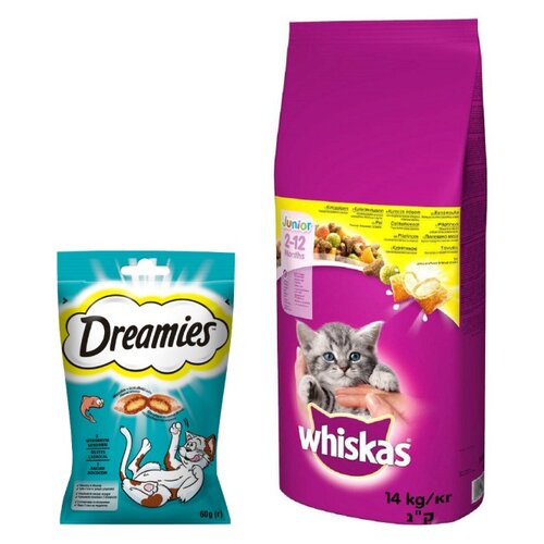 Karma dla kota WHISKAS Junior Kurczak 14 kg + Przysmak dla kota DREAMIES Łosoś 60 g