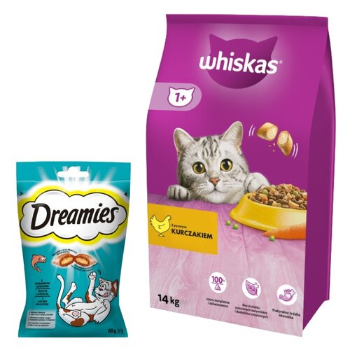 Karma dla kota WHISKAS Kurczak 14 kg + Przysmak dla kota DREAMIES Łosoś 60 g