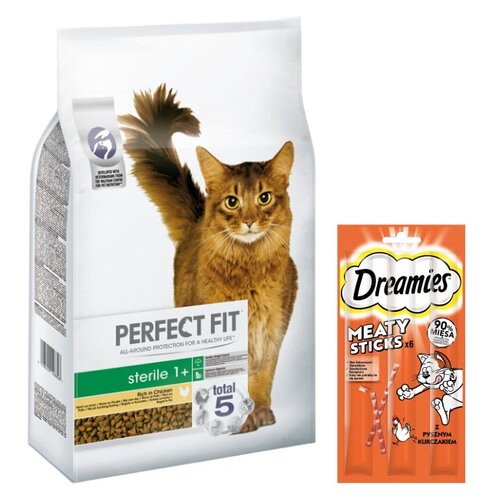 Karma dla kota PERFECT FIT Sterile Kurczak 7 kg + Przysmak dla kota DREAMIES Meaty Sticks Kurczak 30 g