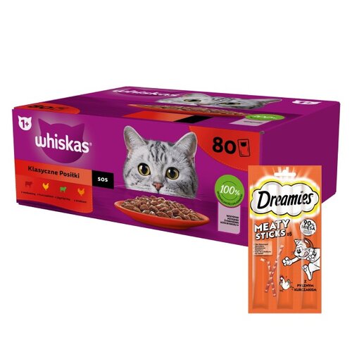 Karma dla kota WHISKAS Mix smaków (80 x 85 g) + Przysmak dla kota DREAMIES Meaty Sticks Kurczak 30 g
