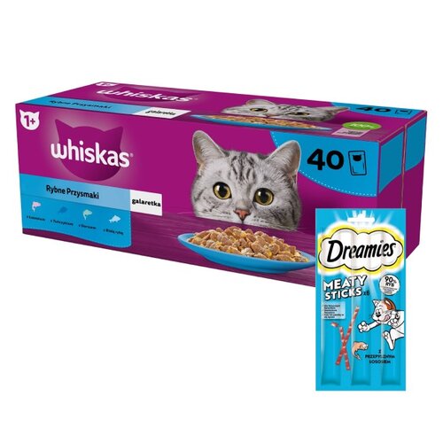 Karma dla kota WHISKAS Rybne Przysmaki (40 x 85 g) + Przysmak dla kota DREAMIES Meaty Sticks z Łososiem 30 g