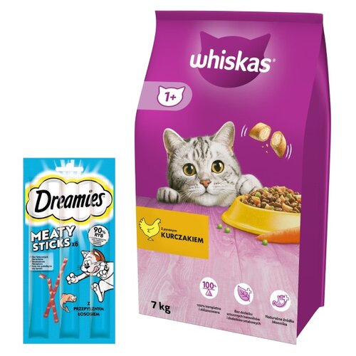 Karma dla kota WHISKAS Kurczak 7 kg + Przysmak dla kota DREAMIES Meaty Sticks z Łososiem 30 g
