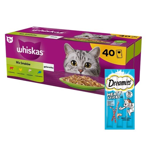 Karma dla kota WHISKAS Mix Smaków (40 x 85 g) + Przysmak dla kota DREAMIES Meaty Sticks z Łososiem 30 g