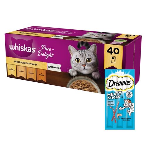Karma dla kota WHISKAS Drobiowe smaki (40 x 85 g) + Przysmak dla kota DREAMIES Meaty Sticks z Łososiem 30 g