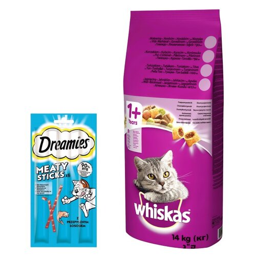 Karma dla kota WHISKAS Wołowina 14 kg + Przysmak dla kota DREAMIES Meaty Sticks z Łososiem 30 g