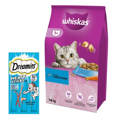 Karma dla kota WHISKAS Tuńczyk z warzywami 14 kg + Przysmak dla kota DREAMIES Meaty Sticks z Łososiem 30 g