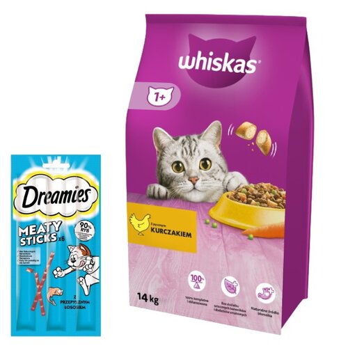 Karma dla kota WHISKAS Kurczak 14 kg + Przysmak dla kota DREAMIES Meaty Sticks z Łososiem 30 g