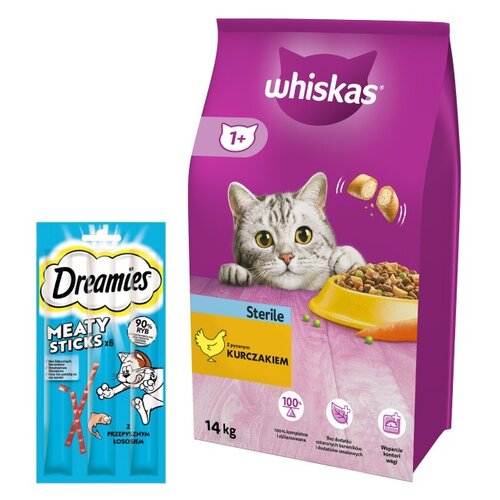 Karma dla kota WHISKAS Sterile Kurczak 14 kg + Przysmak dla kota DREAMIES Meaty Sticks z Łososiem 30 g