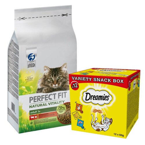 Karma dla kota PERFECT FIT Natural Vitality Wołowina z kurczakiem 6 kg + Przysmak dla kota DREAMIES Mix smaków (12 x 60 g)