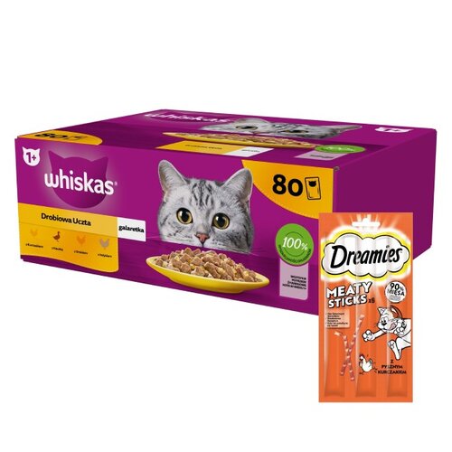 Karma dla kota WHISKAS Drobiowe smaki (80 x 85 g) + Przysmak dla kota DREAMIES Meaty Sticks Kurczak 30 g