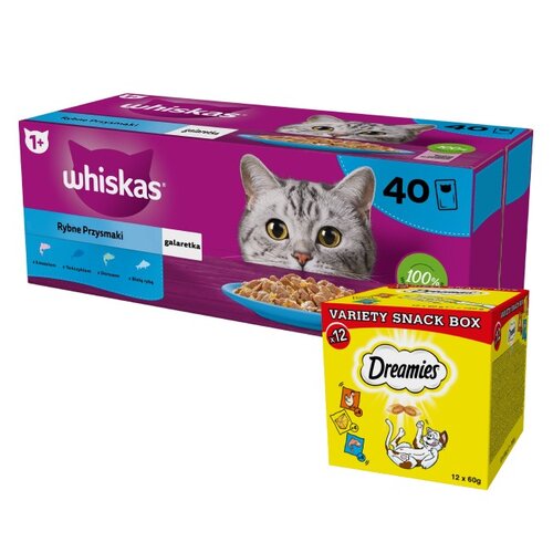 Karma dla kota WHISKAS Rybne Przysmaki (40 x 85 g) + Przysmak dla kota DREAMIES Mix smaków (12 x 60 g)